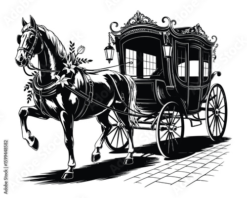 Black and White Vintage Carriage Illustration with Floral-Adorned Horse and Baroque Accents  