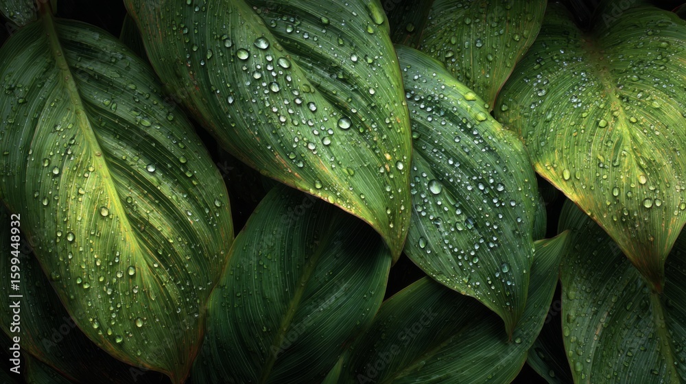 Fototapeta premium Closeup of Lush Dark Green Leaves with Water Droplets