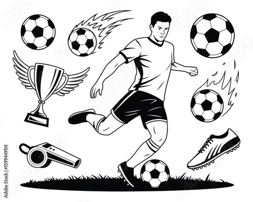 Soccer Player Kicking Ball Surrounded by Sports Gear, Trophy, and Cleats in Black and White Design  