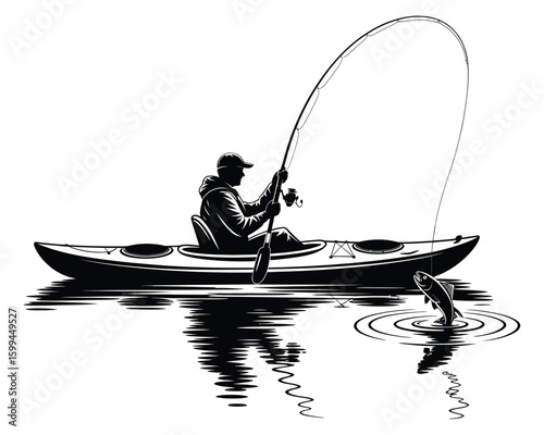 Kayak Fishing Scene with Curved Rod, Splashing Fish, and Water Ripples in Clean Line Art