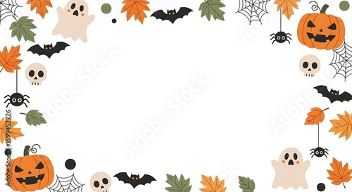 Halloween border frame with cute ghosts, pumpkins and leaves – flat design on white background