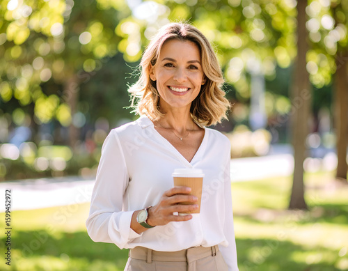 Fototapeta Naklejka Na Ścianę i Meble -  Happy woman park coffee break.
