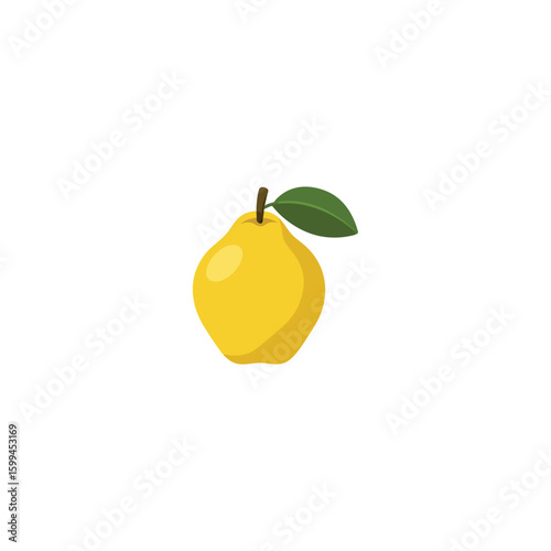 Yellow quince fruit with green leaf isolated on white background