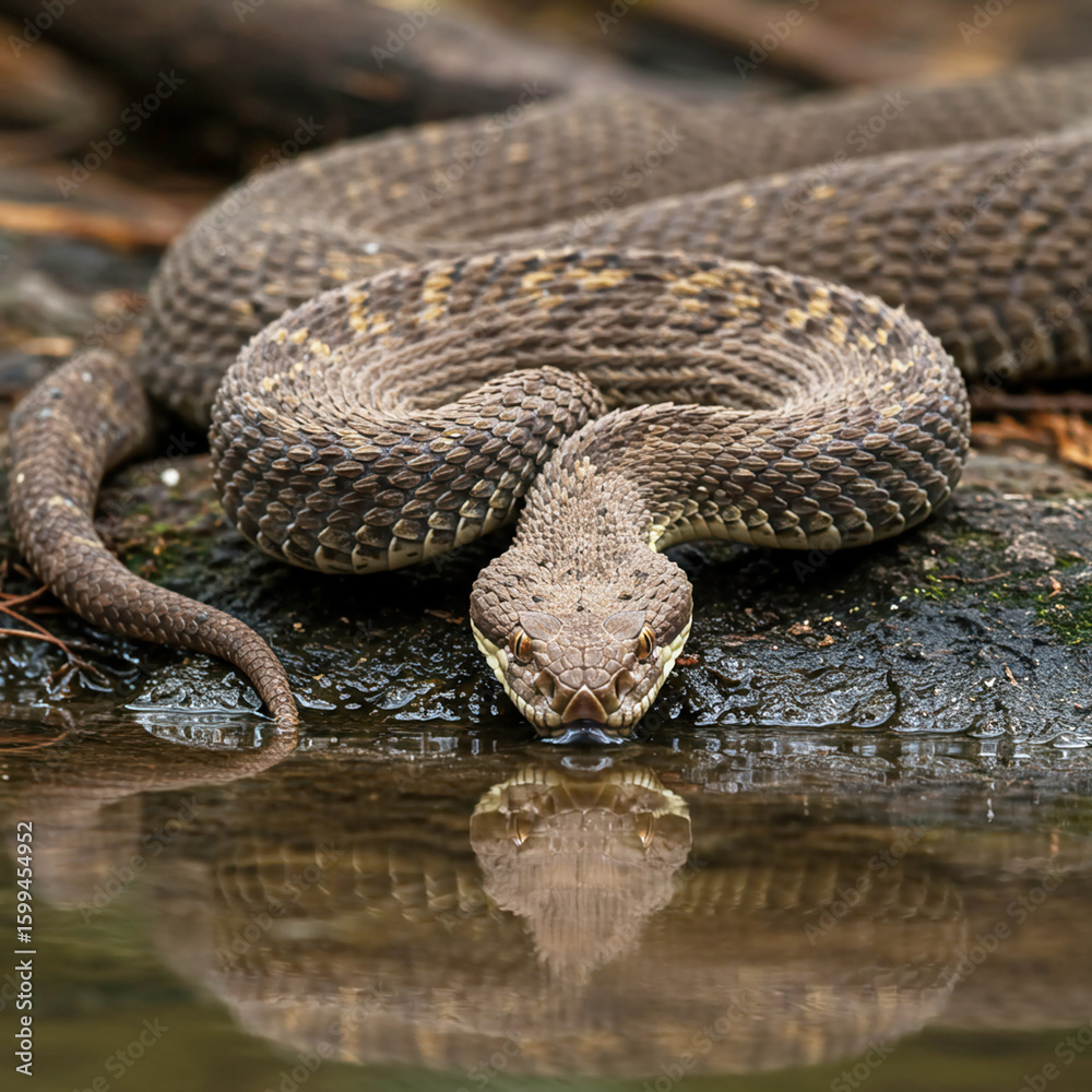 Obraz premium Venomous Snake Hydration: A Photorealistic Masterpiece of Survival in the Forest.