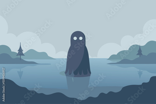 Floating cartoon ghosts above a foggy field with moonlight vector illustration