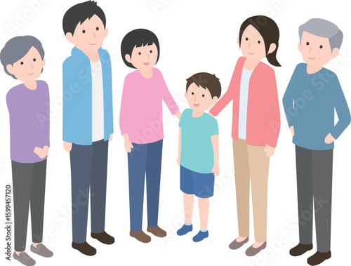 笑顔でこちらを見上げている3世帯家族の俯瞰イラスト