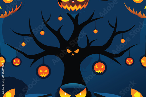 A witchs hat resting on a pumpkin in a field with fall leaves vector illustration