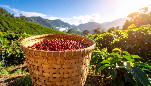 Coffee Cherries Harvested in Large Basket, Scenic Plantation View in Background, Natural