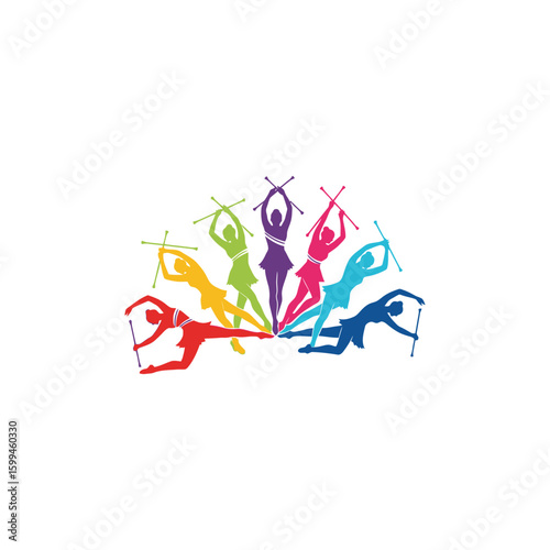 Colorful silhouettes of baton twirlers in various poses against a white background display their skills