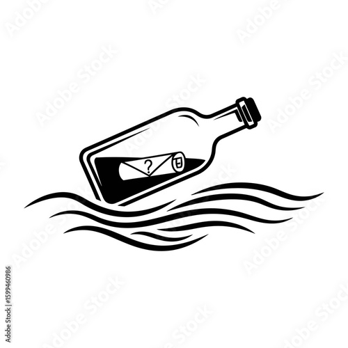 A bottle with a message inside floating on the water with a question mark on the paper inside it clearly