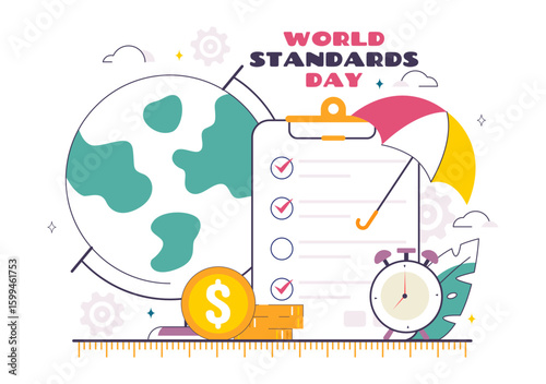 World Standards Day Vector Illustration on October 14 featuring a Globe, Stopwatch, Ruler Scale, and Quality Board in a Flat Style Cartoon Background