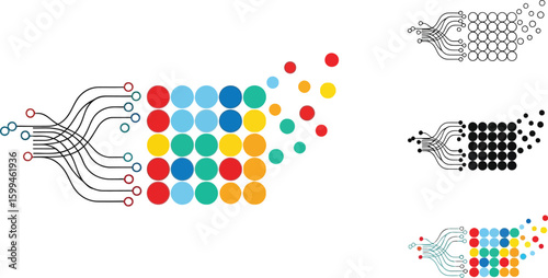 Colorful data stream concept with connected dots for technology and network design illustration