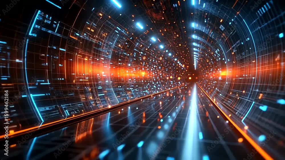 Futuristic technological tunnel with glowing neon light background for digital presentations