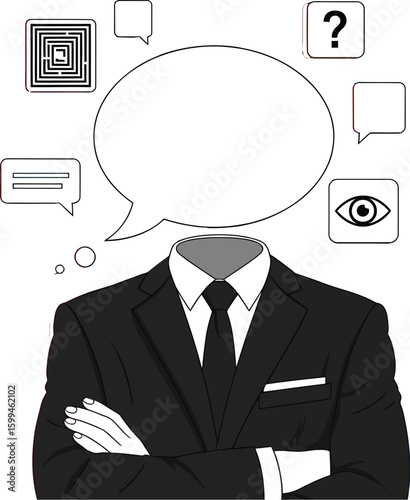 Headless businessman thinking with speech bubbles and icons business concept illustration design