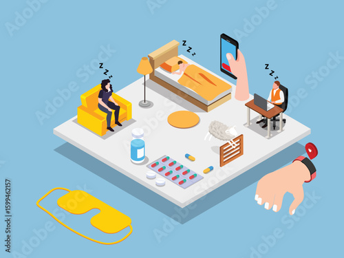 Sleep Problems and Insomnia Treatment Concept 3d isometric vector illustration