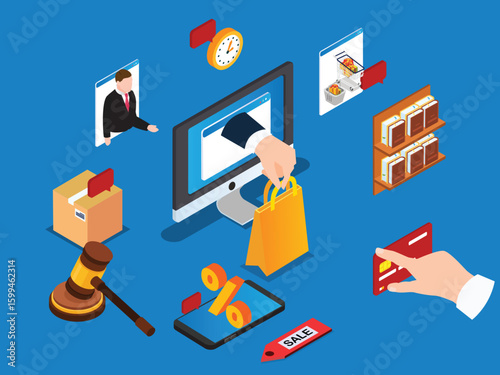 E-commerce Online Shopping and Auction Concept 3d isometric vector illustration