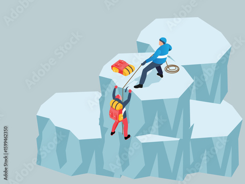 Mountain Climbing and Teamwork on Icy Peaks 3d isometric vector illustration