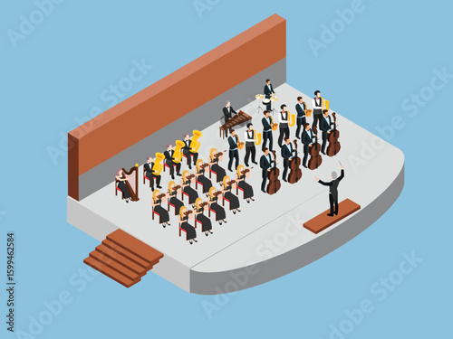 Orchestra Performance with Conductor and Musicians 3d isometric vector illustration