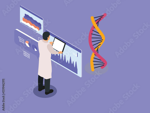 Genetic Engineering and DNA Research with Data Analysis 3d isometric vector illustration