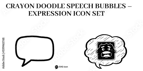 Hand-drawn crayon speech bubble icons showing an empty message template and a fearful expression isolated on white.