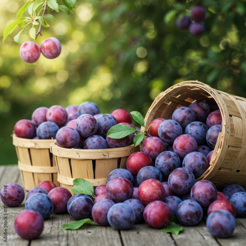 Fototapeta premium Ripe Plums in Wooden Baskets on Rustic Table