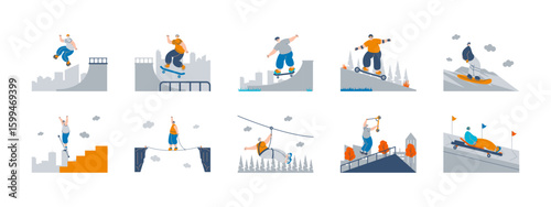 Set of outdoor extreme sport vector illustration. Extreme sport illustrations set. Flat vector illustration concept.