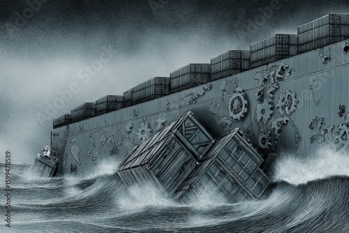 Shipping container crisis: turbulent seas challenge global logistics, emphasizing maritime transport's vulnerability due to extreme weather conditions.