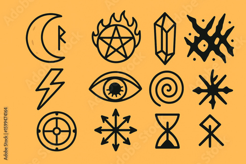 Set of mystical symbols Halloween flat vector icons