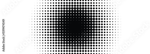 Grunge halftone radial gradient texture. Black pixelated distress circle backdrop.