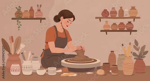 Woman creating pottery on a wheel in a studio