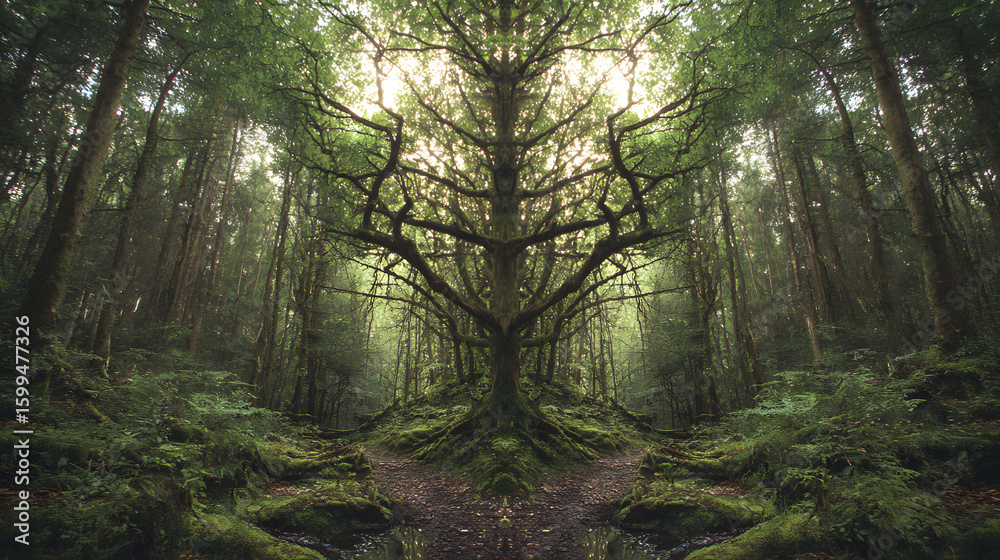 Naklejka premium Fantasy forest scene with surreal symmetrical branches and glowing canopy Ancient sacred tree at the heart of dense green woods cinematic lighting Magical nature symmetry in mysterious forest mossy 