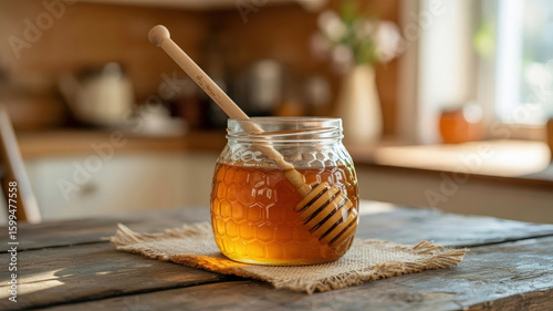 Golden honey in glass jar with wooden dipper image