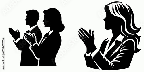 Business woman applauding achievement. Corporate Finance Cartoon Minimal Clipart Line Art Vector Illustration. Female leader cheering triumph professional showing appreciation.