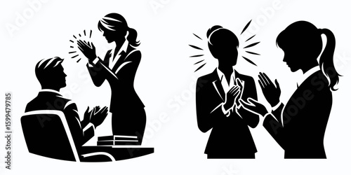 Business woman applauding colleague. Corporate Finance Cartoon Minimal Clipart Line Art Vector Illustration. Professional female giving approval to coworker at work team success.