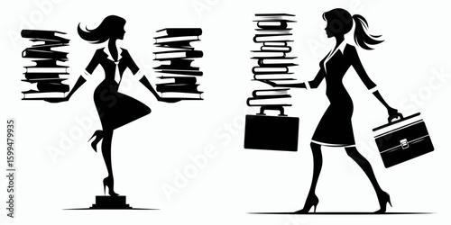 Business woman balancing books. Corporate Finance Cartoon Minimal Clipart Line Art Vector Illustration. Female leader manages finance keeps account in order money record.