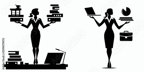 Business woman balancing tasks. Corporate Finance Cartoon Minimal Clipart Line Art Vector Illustration. Female professional managing agenda occupation duties employment work.