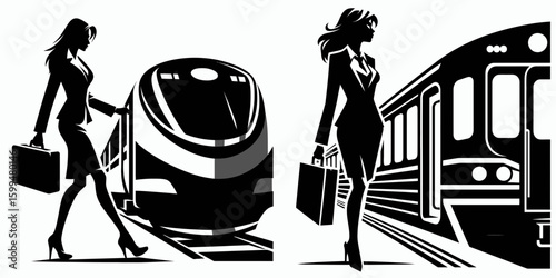 Business woman boarding train. Corporate Finance Cartoon Minimal Clipart Line Art Vector Illustration. Professional female traveler getting onto railroad car for journey.