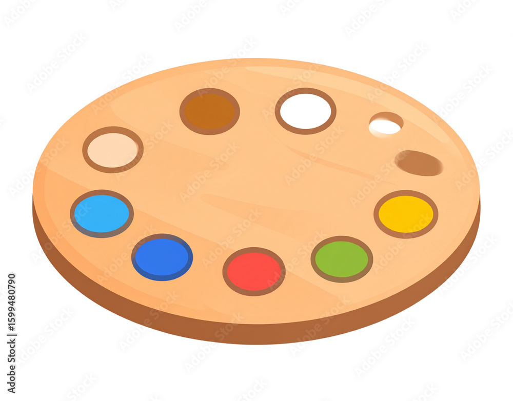 Realistic Wooden Paint Palette with Mixed Pigments and Brush Marks, Angled Side View, Isolated on Transparent Background. Realistic Wooden Paint Palette with Mixed Pigments and Brush Marks, Angled Side View, Isolated on Transparent Background.