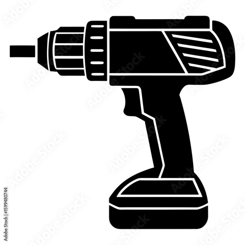 A black and white illustration of a cordless electric power drill a common tool