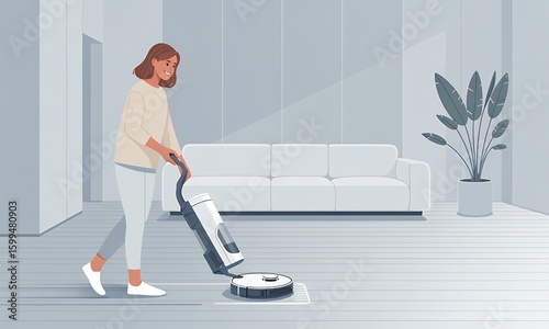 Woman using robotic vacuum cleaner in modern living room
