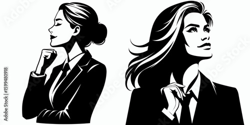 Business woman feeling hopeful. Corporate Finance Cartoon Minimal Clipart Line Art Vector Illustration. Female leader anticipating chance for career growth optimistic outlook.