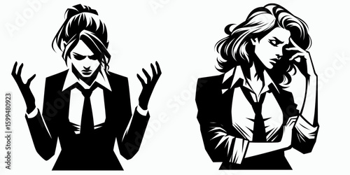Business woman feeling frustrated. Corporate Finance Cartoon Minimal Clipart Line Art Vector Illustration. female emotion vexation job challenge workplace aggravation tense.