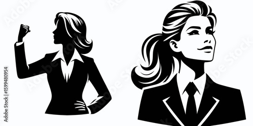 Business woman feeling proud. Corporate Finance Cartoon Minimal Clipart Line Art Vector Illustration. Female executive with joy a career triumph satisfied work success.