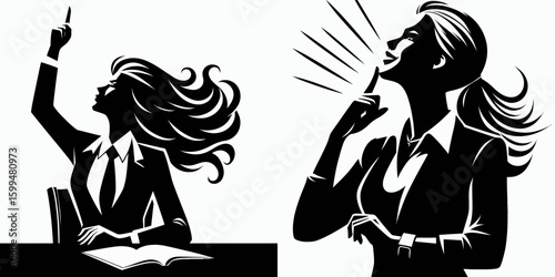 Business woman feeling inspired. Corporate Finance Cartoon Minimal Clipart Line Art Vector Illustration. Female entrepreneur finding motivation innovation positive attitude.