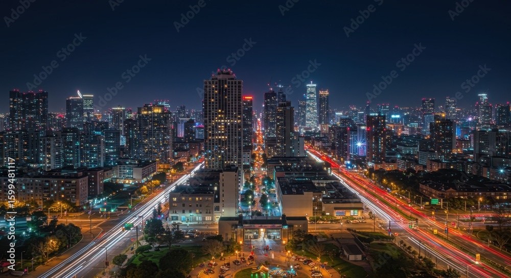 Fototapeta premium Night City Skyline Aerial View with Illuminated Buildings and Traffic