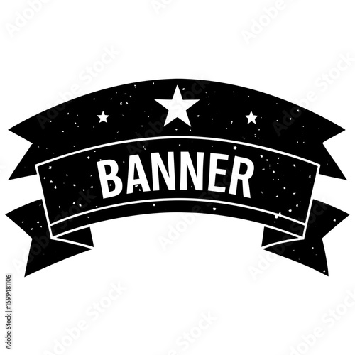 A black silhouette of a curved banner with the word banner in white text adorned