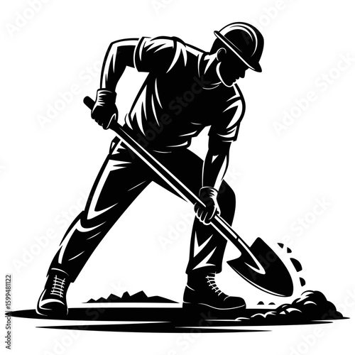 Man digging with a shovel in black and white