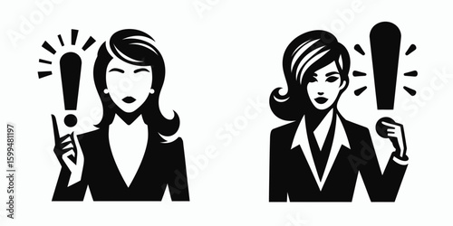 Business woman holding exclamation mark. Corporate Finance Cartoon Minimal Clipart Line Art Vector Illustration. Female entrepreneur displaying symbol for surprise importance or alertness.