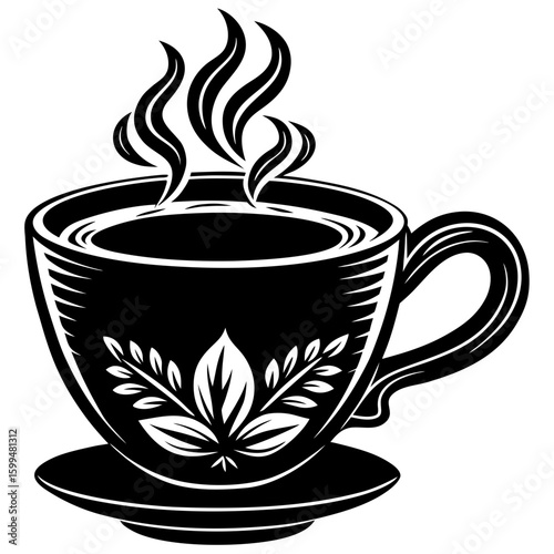 A black and white illustration of a steaming cup of hot coffee or tea on a saucer