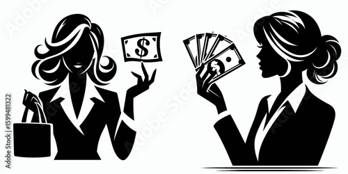 Business woman holding money. Corporate Finance Cartoon Minimal Clipart Line Art Vector Illustration. Female executive with cash in hand finance wealth earning profit concept.